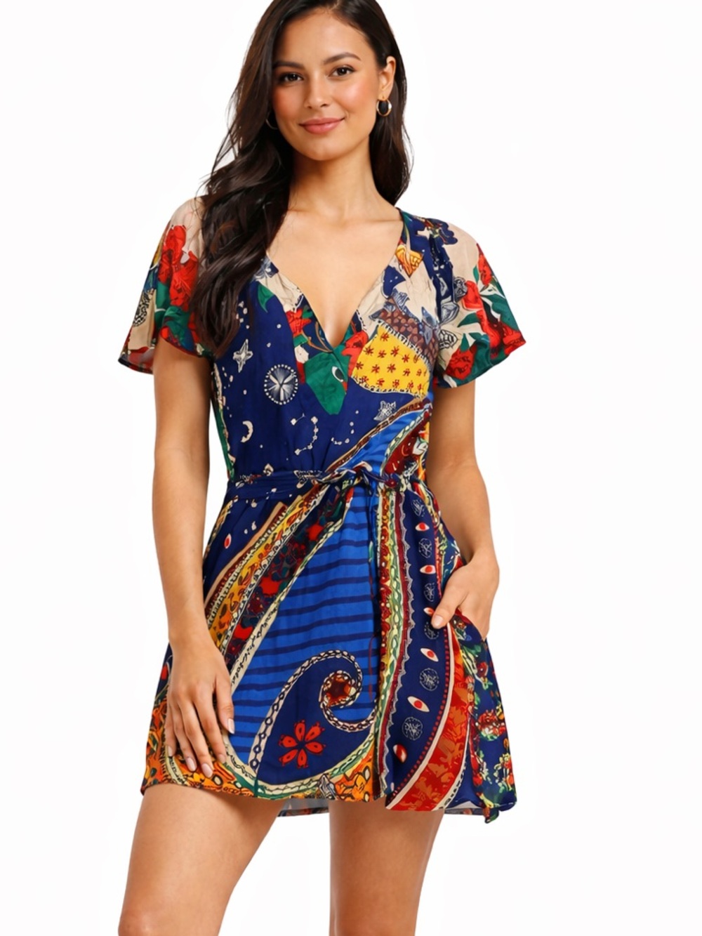 FARM Rio Blue Mixed Scarf Print‎ Mini Wrap Dress Short Flutter Sleeve Small
